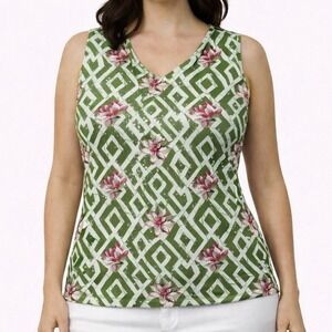 CHARTER CLUB Green Floral Sequin Tank Top Rayon Knit Sleeveless V-Neck sz 0X